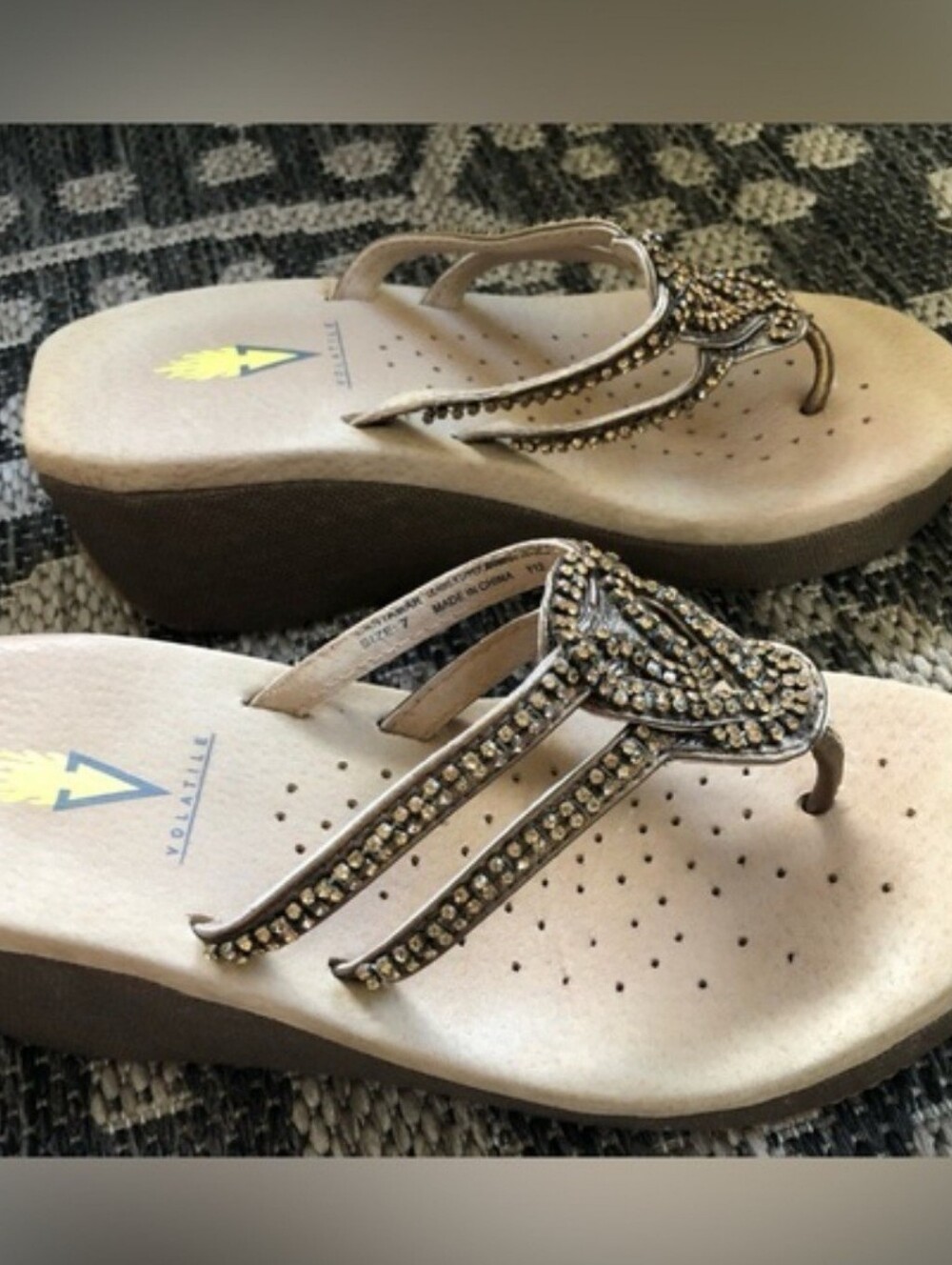 Volatile Wedge Platform Antique Bronze Beaded Shoes Size 7